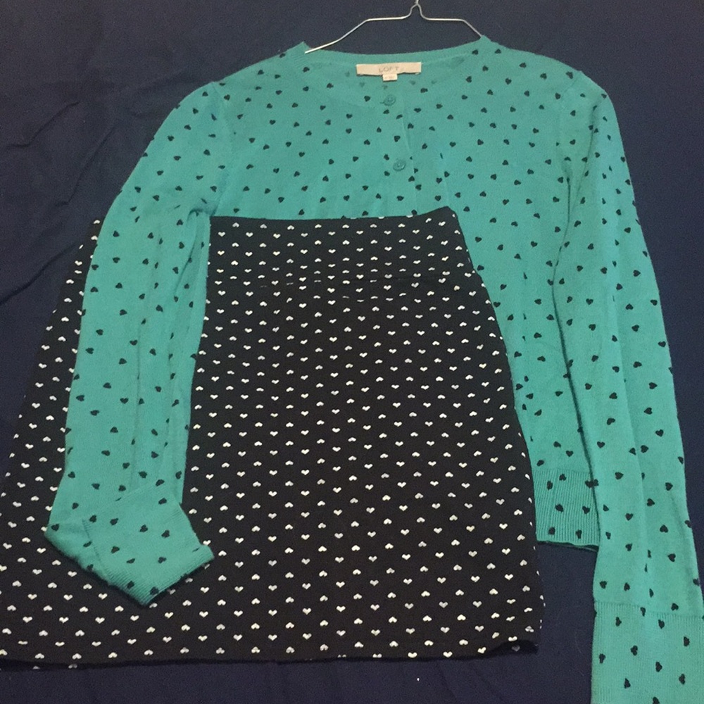 Loft Button down cardigan, above knee knit skirt